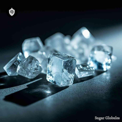 Lutetium Fluoratum sugar spheres in precise granular form for energetic homeopathic (nonmedical) dry product presentation