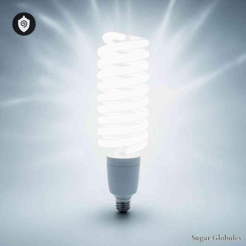 Lux Compact-Fluorescent Lamp sugar granules in orb format for energetic homeopathic (nonmedical) physical product presentation