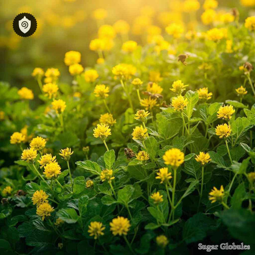 Medicago Lupulina sugar orbs in precise pellet form for energetic homeopathic (nonmedical) dry-form packaging and display