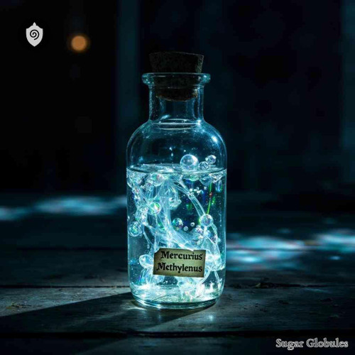 Mercurius Methylenus sugar spheres in uniform orb format for energetic homeopathic (nonmedical) dry-form presentation and storage