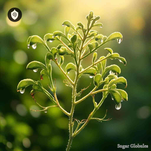 Mimosa Pudica sugar spheres in compact orb format for energetic homeopathic (nonmedical) dry-form presentation and storage