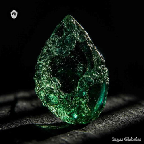 Moldavite sugar spheres in precise orb format for energetic homeopathic (nonmedical) physical product presentation and storage