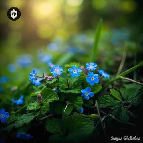 Myosotis Symphytifolia sugar spheres in dry orb form for energetic homeopathic (nonmedical) physical remedy presentation