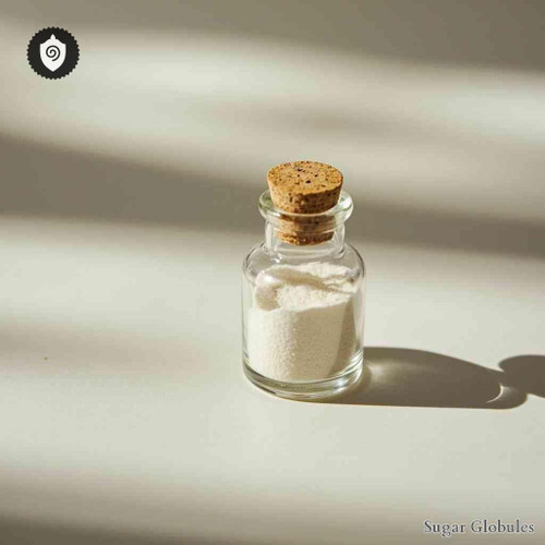 Neodymium Muriaticum sugar granules in spherical shape for energetic homeopathic (nonmedical) dry form presentation and storage