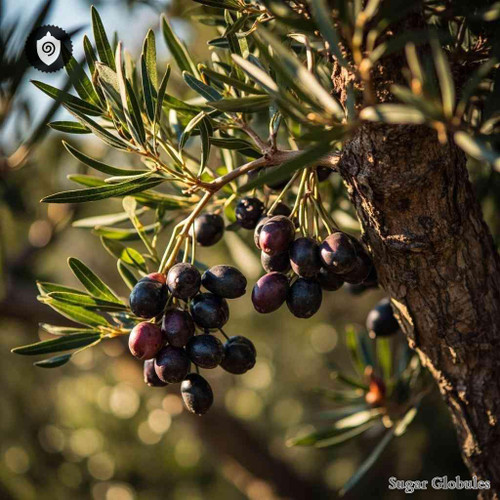 Olea Europaea - Fructus Ex Samos sugar granules in spherical form for energetic homeopathic (nonmedical) dry preparation display