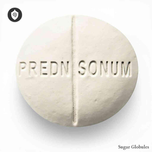 Prednisonum sugar granules in dry-form orb presentation for energetic homeopathic (nonmedical) physical remedy packaging and display