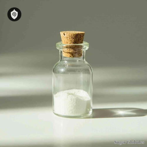 Pyrogenium sugar orbs in uniform granule format, ideal for energetic homeopathic (nonmedical) dry-form presentation and storage