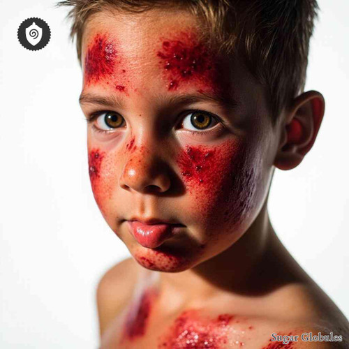 Rubeola sugar spheres in precise orb form for energetic homeopathic (nonmedical) remedy presentation and standard dry storage