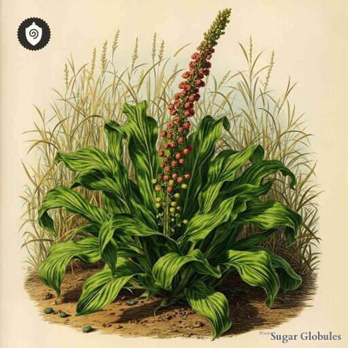 Rumex Crispus sugar granules in spherical form for energetic homeopathic (nonmedical) solid presentation and dry storage