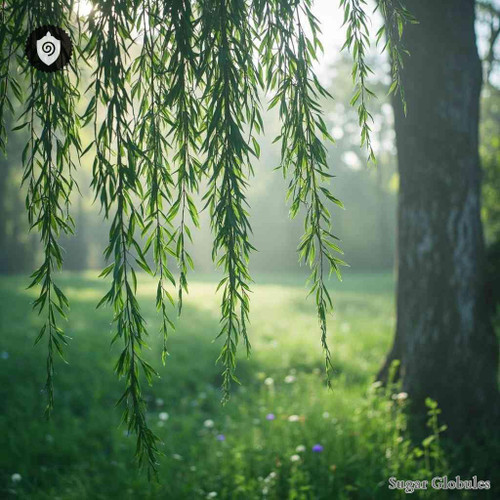 Salix Alba Tristis sugar granules in orb format for energetic homeopathic (nonmedical) physical remedy presentation