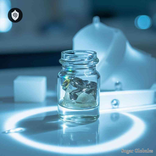 Samarium sugar granules in spherical format for energetic homeopathic (nonmedical) presentation and dry-form packaging