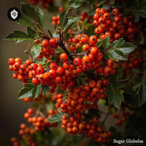 Sorbus Aucuparia - Fructus Sorbi sugar spheres in granule format for energetic homeopathic (nonmedical) product presentation