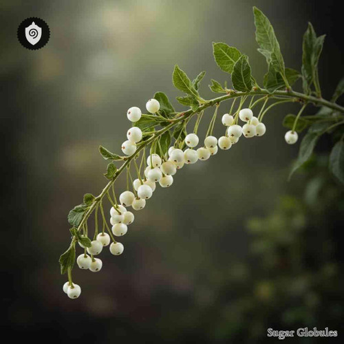 Symphoricarpus Albus sugar spheres in compact orb form for energetic homeopathic (nonmedical) dry-form presentation and storage