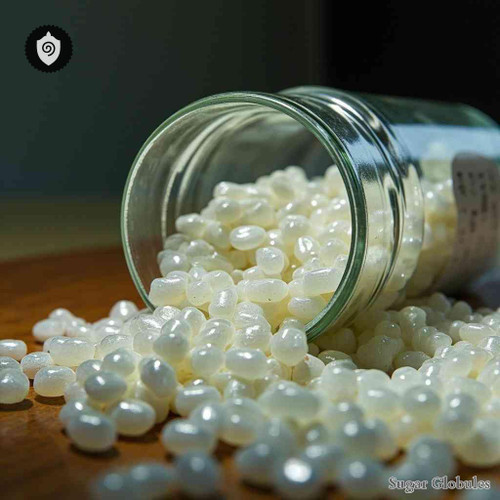 Thallium Carbonicum sugar granules in round pellet form for energetic homeopathic (nonmedical) dry-form presentation and storage