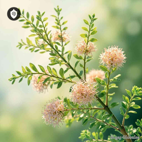 Thryptomene Denticulata sugar granules in orb shape for energetic homeopathic (nonmedical) dry-form presentation and storage