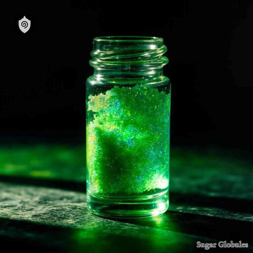 Thulium Oxydatum sugar spheres in uniform granule form for energetic homeopathic (nonmedical) dry-form presentation and storage