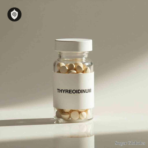 Thyreoidinum sugar spheres in uniform orb form for energetic homeopathic (nonmedical) dry-form storage and presentation