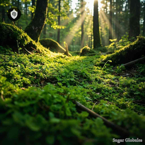 Moss sugar spheres in compact orb format for energetic homeopathic (nonmedical) remedy presentation and dry storage