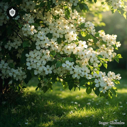 Dogwood sugar spheres in spherical form for energetic homeopathic (nonmedical) dry-format presentation and organized storage