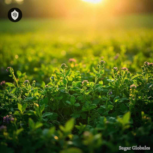 Pennyroyal sugar spheres in precise orb form for energetic homeopathic (nonmedical) product presentation and dry storage