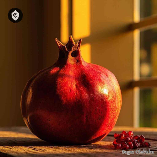 Pomegranate sugar spheres in compact orb form for energetic homeopathic (nonmedical) dry storage and physical remedy presentation