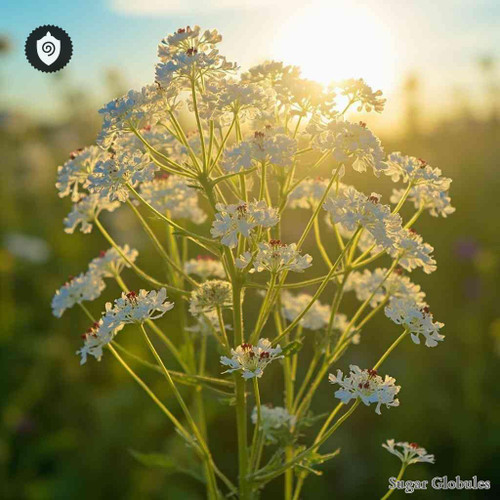 Queen Annes Lace sugar spheres in compact orb form for energetic homeopathic (nonmedical) dry-form presentation and storage