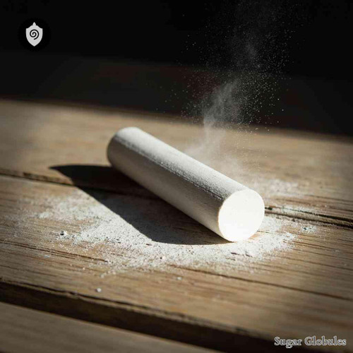 Chalk sugar spheres in compact orb format for precise energetic homeopathic (nonmedical) dry-form presentation and storage