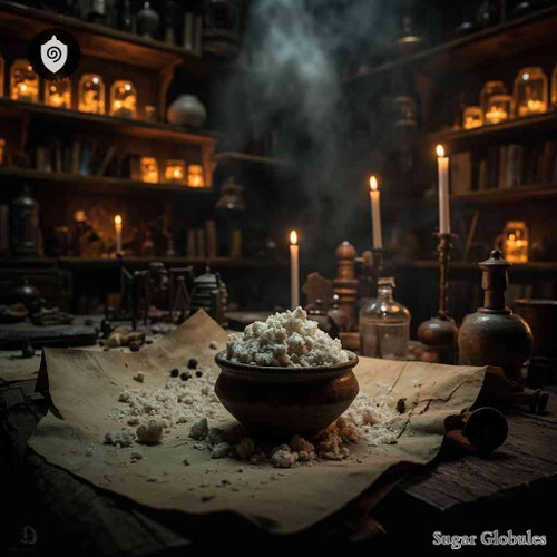 Saltpeter sugar granules in spherical form for precise energetic homeopathic (nonmedical) remedy presentation and dry storage