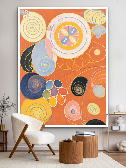 Large abstract artwork with spirals and circular motifs in warm orange, yellow, blue, and pink tones displayed in a modern living room with neutral furniture