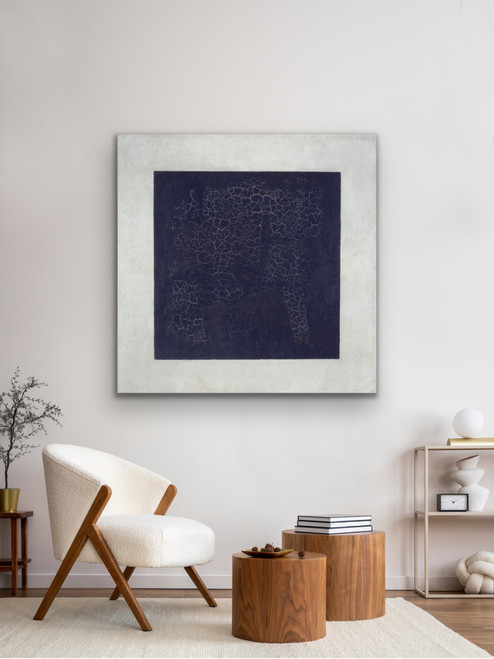 A 44-inch by 44-inch square fine art print of Kazimir Malevich’s Black Square, highlighting the precise, hard-edged geometry of the Suprematist movement.
