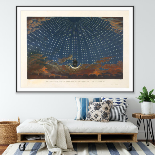 A 60-inch tall architectural-scale print of Schinkel’s Magic Flute ‘Hall of Stars’ stage design, emphasizing the celestial dome and theatrical composition.