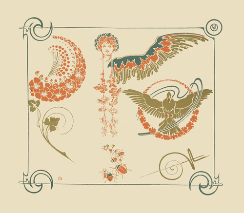 Gallery Edition study of Alphonse Mucha's Abstract design based on flowers, angels, birds, beetles..