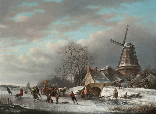 Gallery Edition study of Andreas Schelfhout's Skaters on a Dutch waterway by a windmill.