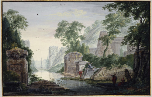 Gallery Edition study of Abraham Rademaker's Ancient Grave Ruins in a River Landscape.