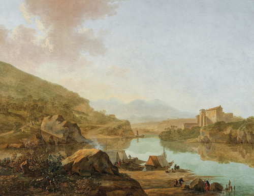 Gallery Edition study of Adam Pynacker's An extensive Italianate river landscape.