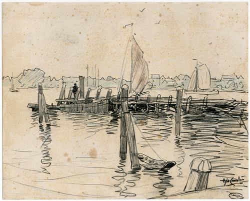 Gallery Edition study of Adolf le Comte's Dorp aan rivier met aanlegsteiger.