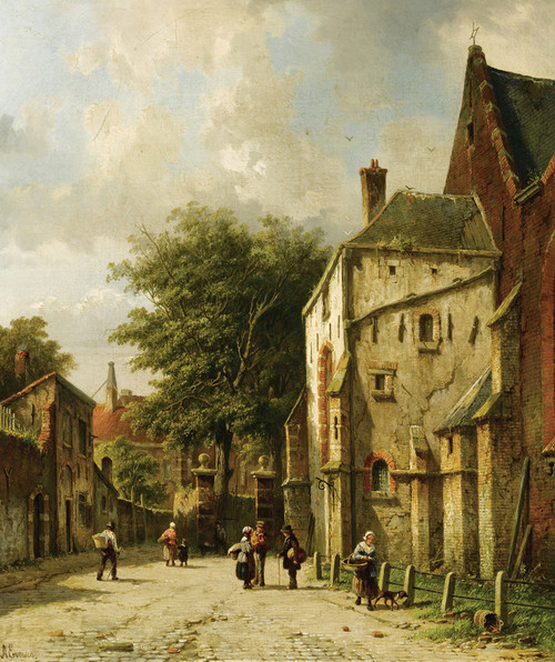 Gallery Edition study of Adrianus Eversen's A Streetscene In A Dutch Town.