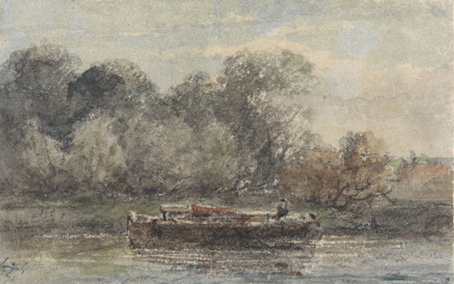 Gallery Edition study of Adrianus Eversen's Boot met gestreken mast aan wal liggend.
