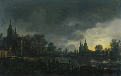 Gallery Edition study of Aert van der Neer's A Moonlit River Landscape With Figures Standing By A Gate, A Village Beyond.