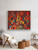 A large 52x44-inch horizontal matte art print of Paul Klee's Castle and Sun (1928) hanging over a low-profile sofa. The abstract Bauhaus reproduction features a geometric grid of terracotta, ochre, and warm grey mosaic shapes beneath a bold sun, grounding the modern living space.