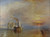Fine art print of J.M.W. Turner’s The Fighting Temeraire, featuring a majestic old warship being towed toward the horizon by a small, dark steam tug at sunset, surrounded by an atmospheric, golden-hued sky.
