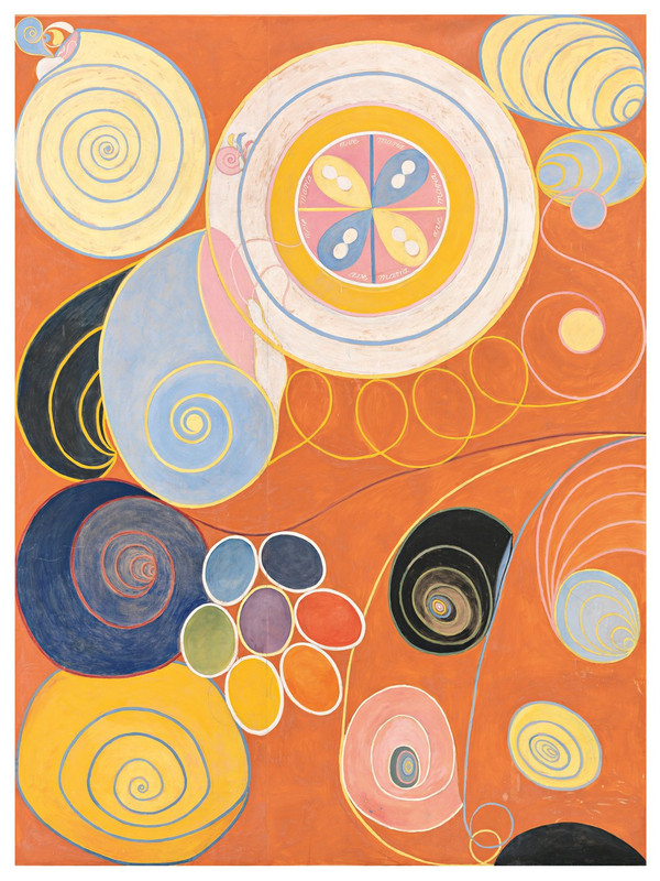 An abstract painting on a bright orange background filled with large, looping biomorphic shapes. Concentric circles and shell-like spirals in pastel yellow, light blue, pink, and dark blue are scattered across the canvas, interconnected by thin, sweeping lines. A cluster of small, multicolored ovals sits near the bottom center.