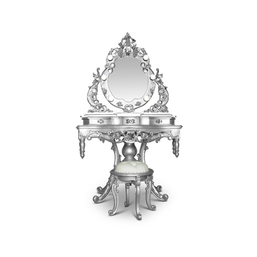 Baroque LED Storage Vanity w/Stool - Antique Silver