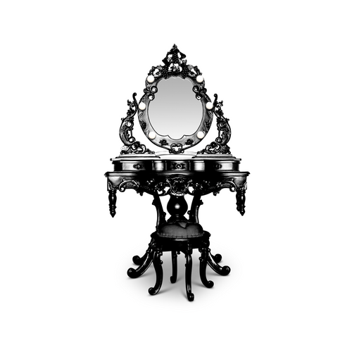 Baroque LED Storage Vanity w/Stool - Black