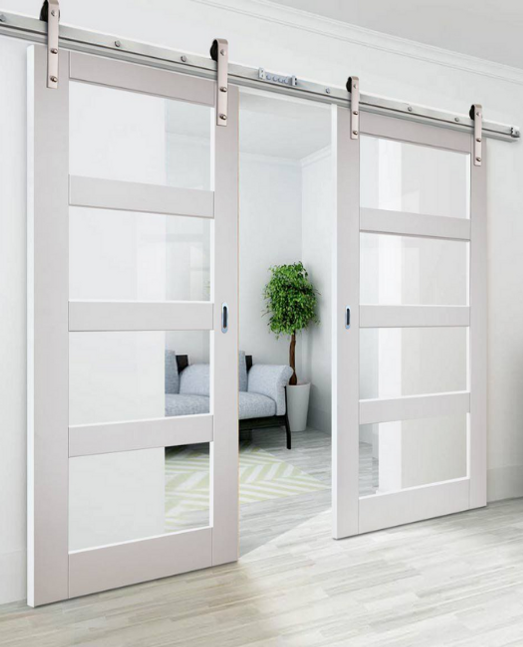 Four Panel Glass Double Sliding Barn Door White Shanty