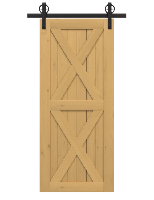 nantucket gold stained wood barn door with double x panel