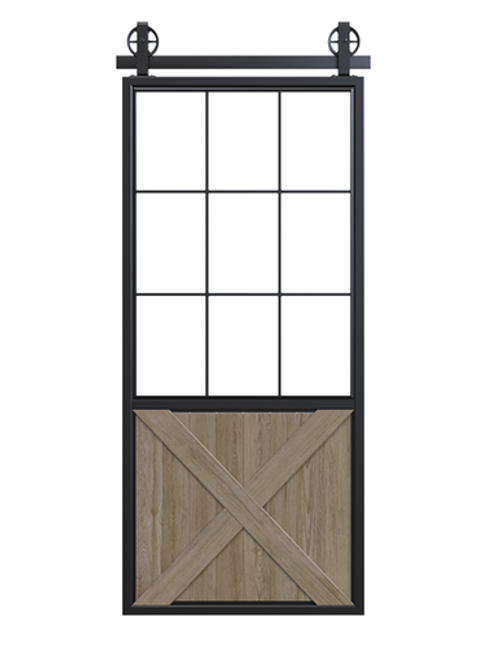 metal half square pane glass half x panel wood barn door