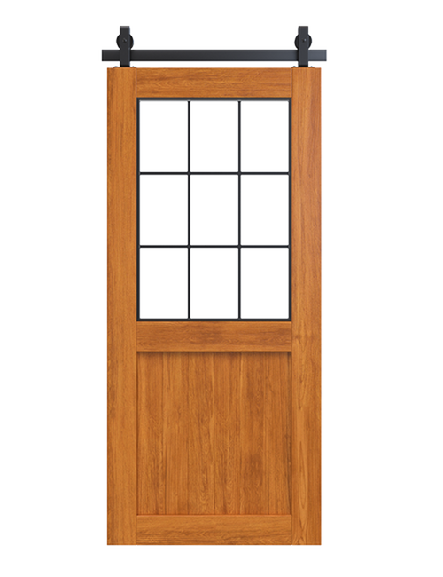 stained wood barn door with glass window