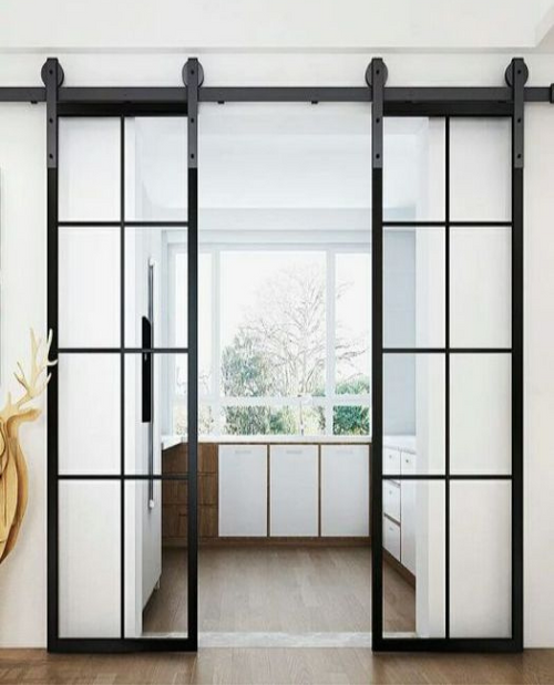 8 pane window french double custom sliding barn door in kitchen with Asian Zen stylings