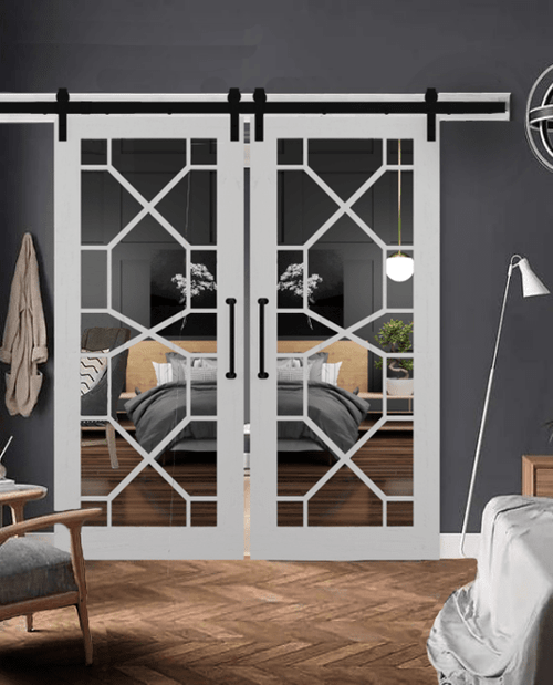 Stacey geometric mirror double  barn door lifestyle bedroom closet